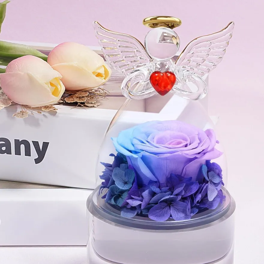 Engel Ewige Rose Figur Geschenk für Frauen in Glaskuppel Blauviolett
