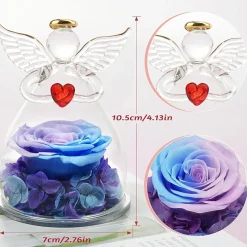 Engel Ewige Rose Figur Geschenk für Frauen in Glaskuppel Blauviolett
