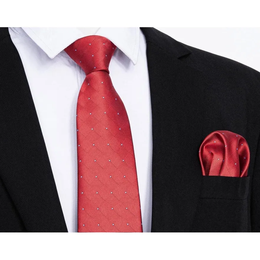 Enlision Herren Krawatte mit Einstecktuch Set - Kariert, Rot, Formell & Business