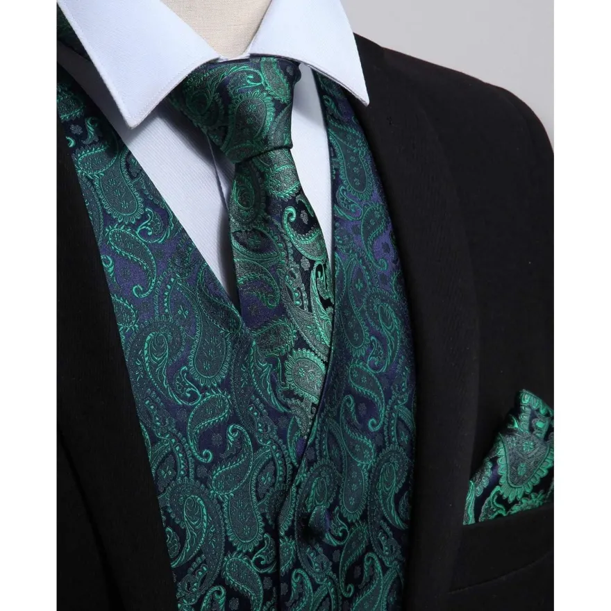 Enlision Herren Paisley Floral Jacquard Weste Krawatte Einstecktuch Anzug Set L