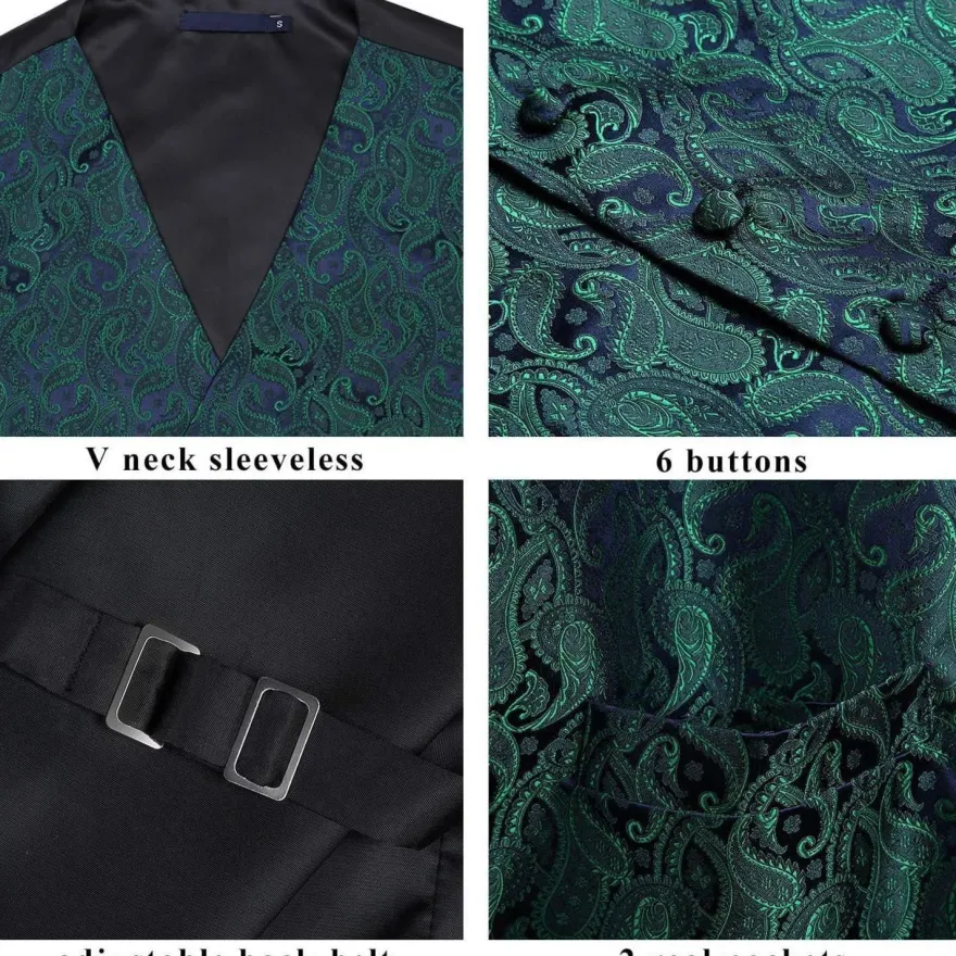 Enlision Herren Paisley Floral Jacquard Weste Krawatte Einstecktuch Anzug Set L