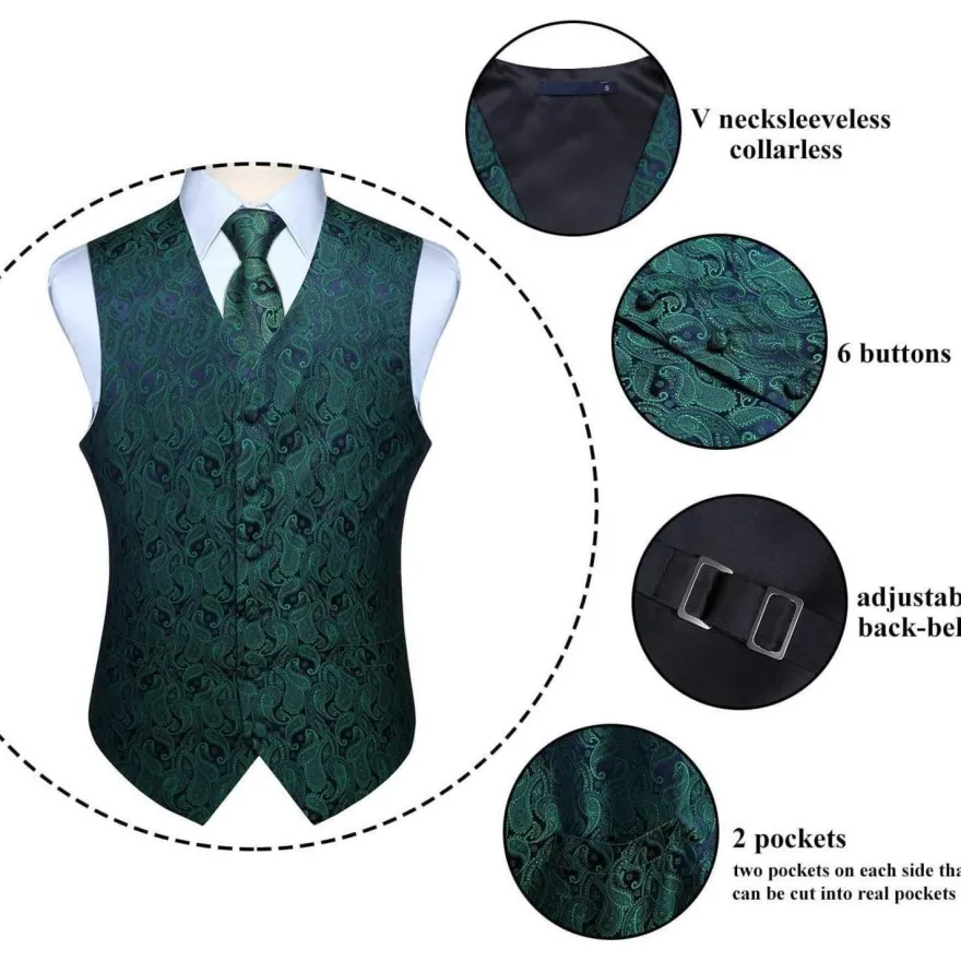 Enlision Herren Paisley Floral Jacquard Weste Krawatte Einstecktuch Anzug Set L