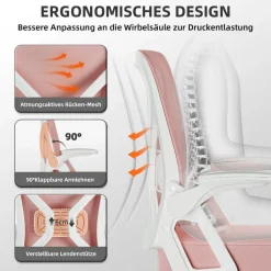 Ergonomischer Bürostuhl, Rosa, Lendenstütze, Armlehnen, Höhenverstellbar
