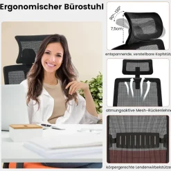 Ergonomischer Bürostuhl, Schreibtischstuhl mit hoher Rückenlehne, Lendenstütze