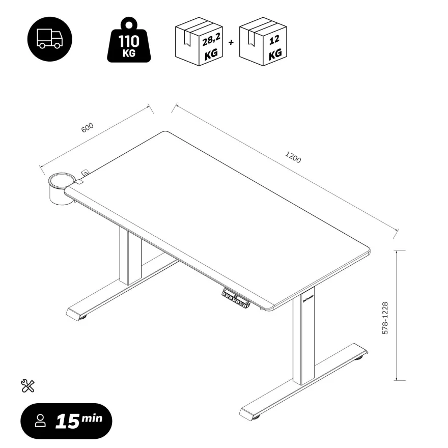 Ergonomischer, höhenverstellbarer Schreibtisch, weiß: 120 x 60 cm: ARIA