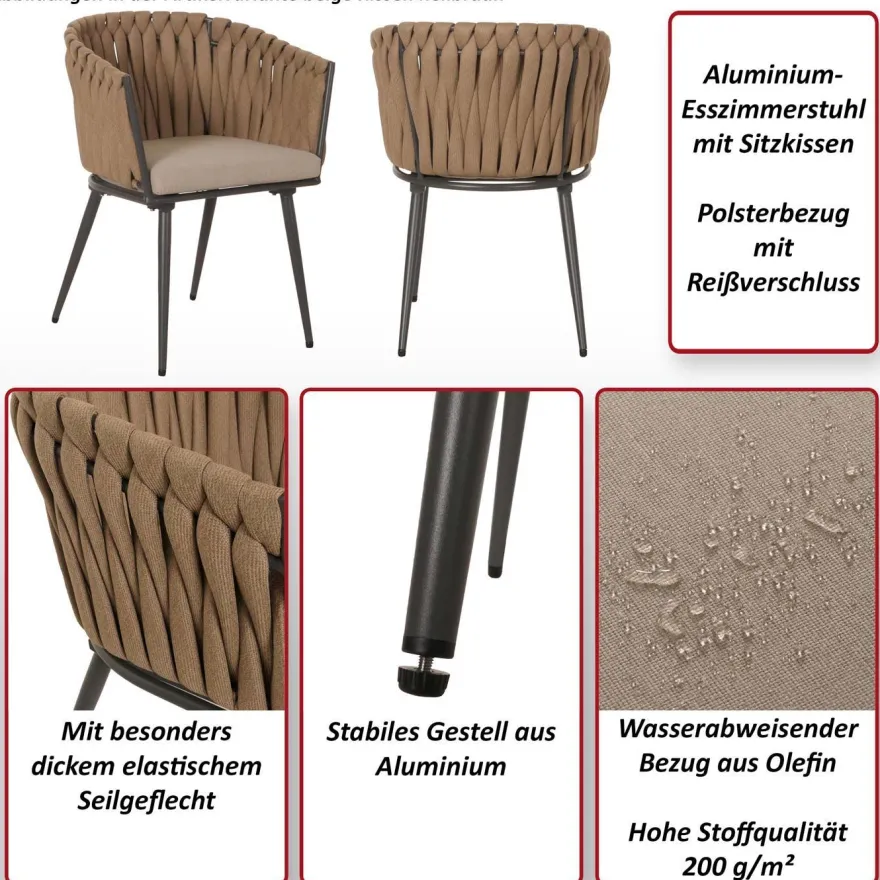 6er-Set Aluminium-Esszimmerstuhl HWC-N38, Indoor Stuhl, Olefin Seilgeflecht Rope