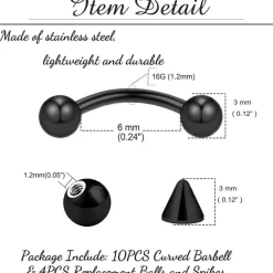 10er Set Curved Barbell Piercing Lippe Augenbrauen 1,2mm 6-12mm Chirurgenstahl