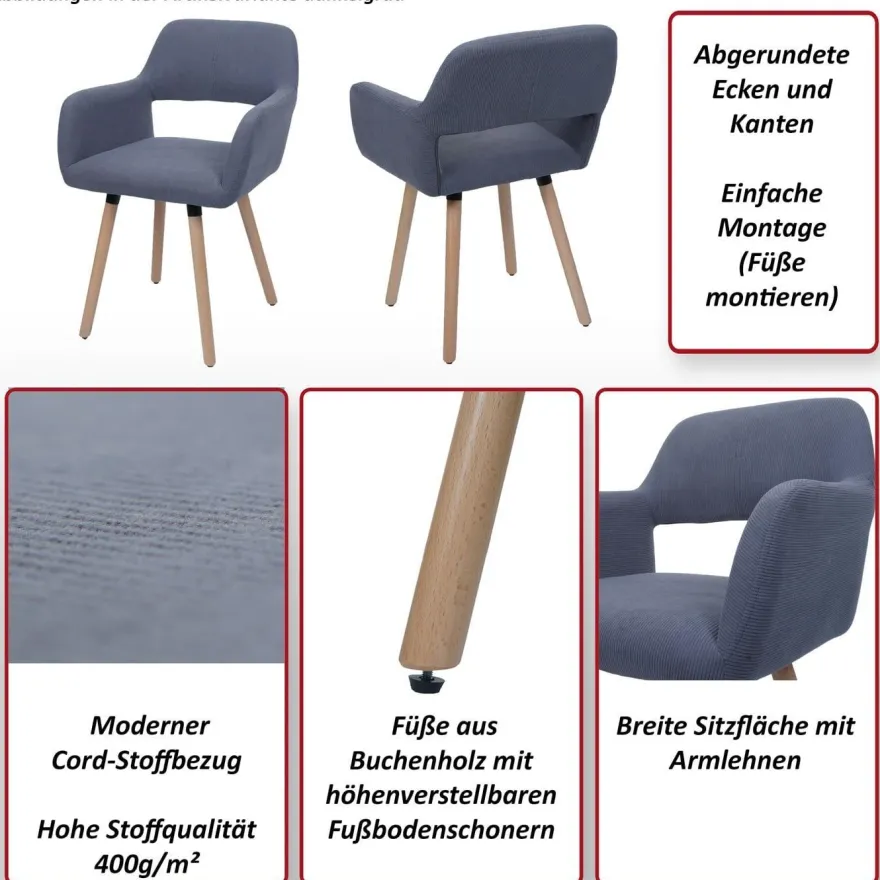 6er-Set Esszimmerstuhl HWC-A50 II, Stuhl Polsterstuhl, Holz Stoff Cord (400g/m²)