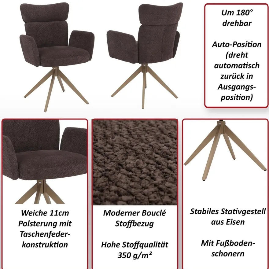 6er-Set Esszimmerstuhl HWC-N11, drehbar Auto-Return Stoff Bouclé 350g/m²