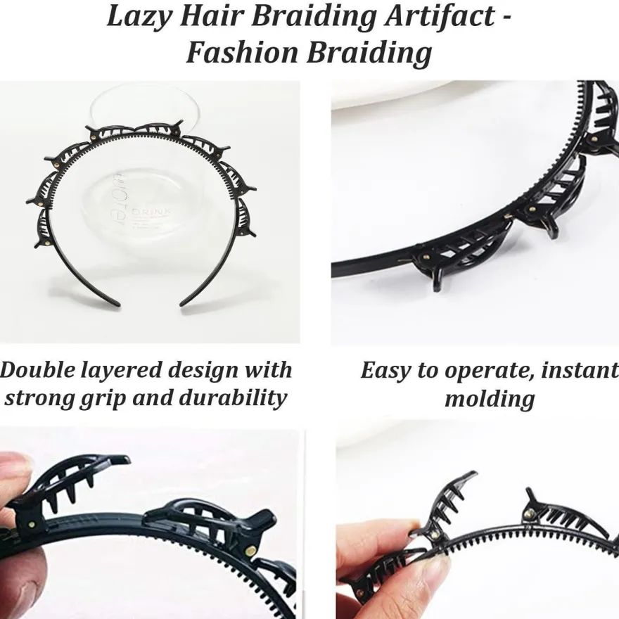 2er Set Schwarz Haarreif mit Zahnstirnband Braid Tool Twister Clips