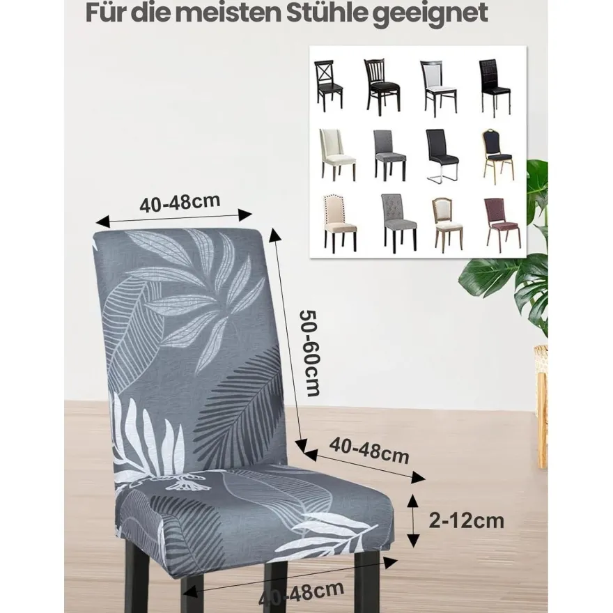 6er Set Stuhlhussen mit Palmblätter-Muster, elastisch und waschbar für