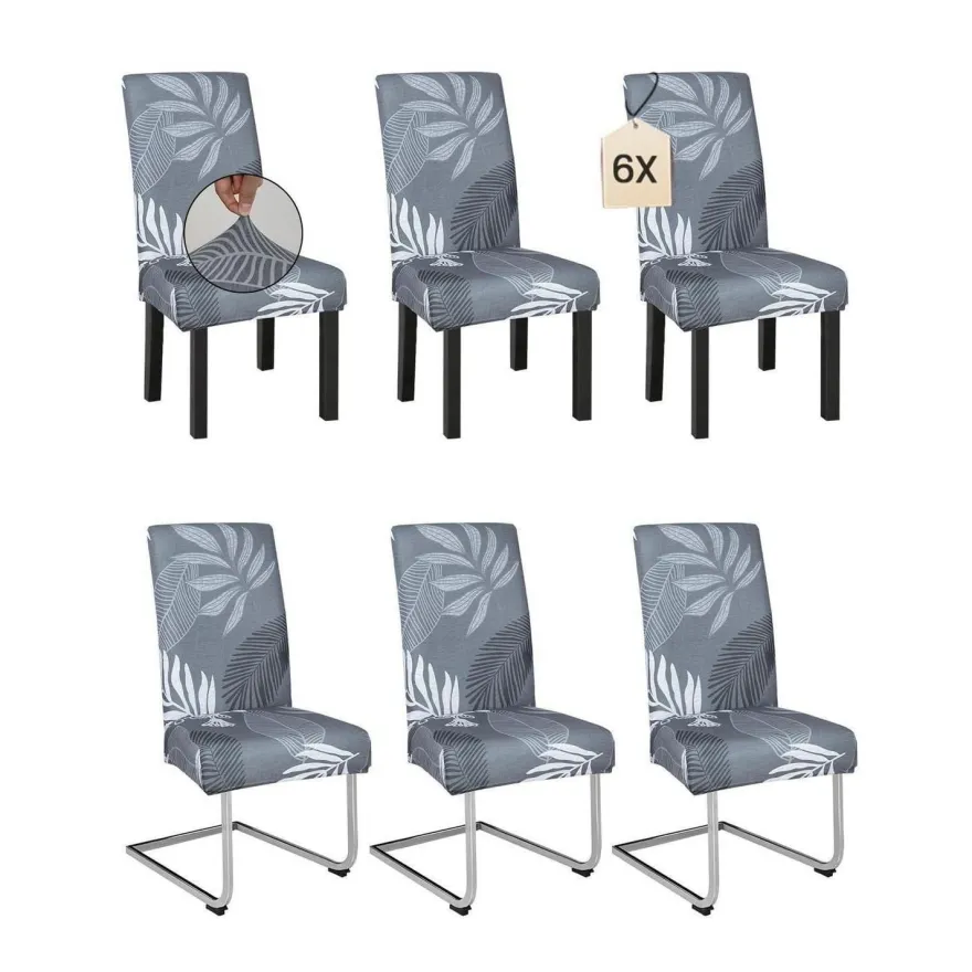 6er Set Stuhlhussen mit Palmblätter-Muster, elastisch und waschbar für