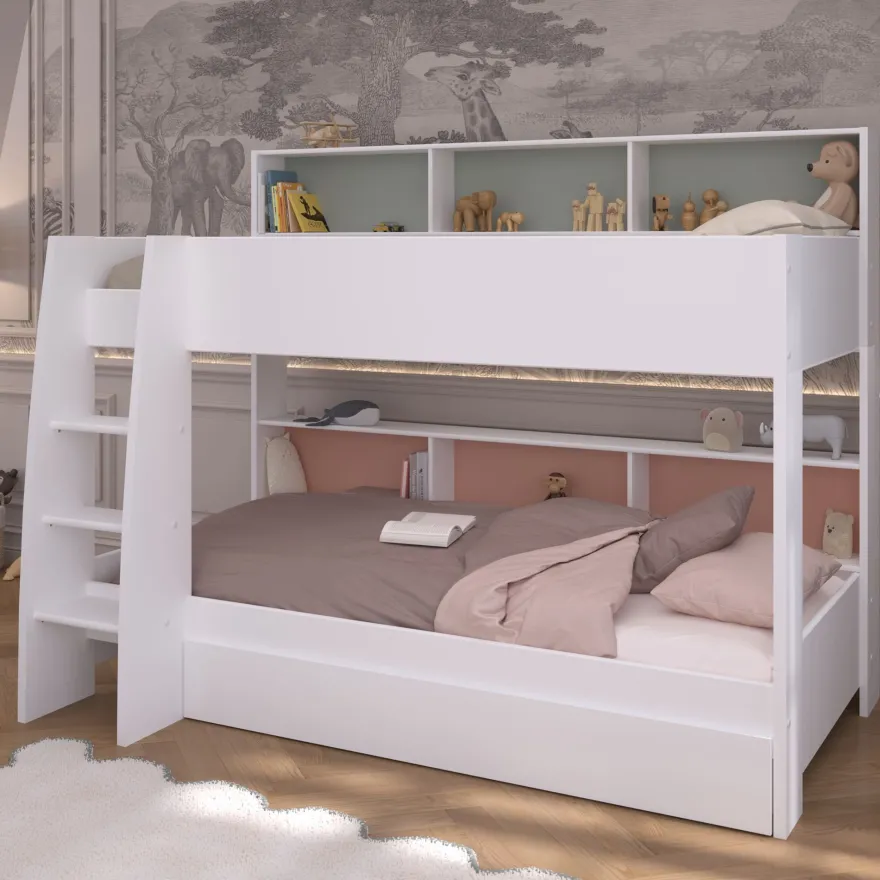 Etagenbett Parisot Leo 11 mit Bettschublade 90x200 Holzdekor Weiß