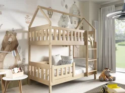 Etagenbett ZUZIA 160x80 cm Hausbett Kinderbett Massivholz Weiß mit Matratzen