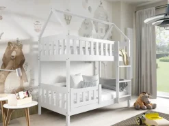 Etagenbett ZUZIA 160x80 cm Hausbett Kinderbett Massivholz Weiß mit Matratzen
