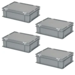 4 Eurobehälter/ Deckelboxen mit Deckel, 11 Liter, LxBxH 400x300x130 mm, grau, PP