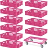 10 Eurobehälter, LxBxH 600x400x150 mm, lebensmittelecht + 1 Transportroller, pink