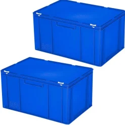 2 Eurobehälter mit Deckel, lebensmittelecht, LxBxH 600x400x330 mm, 63 Liter, blau