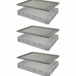 3 Eurobehälter mit Stülpdeckel, LxBxH 800 x 600 x 120 mm, 48 Liter, Griffleisten