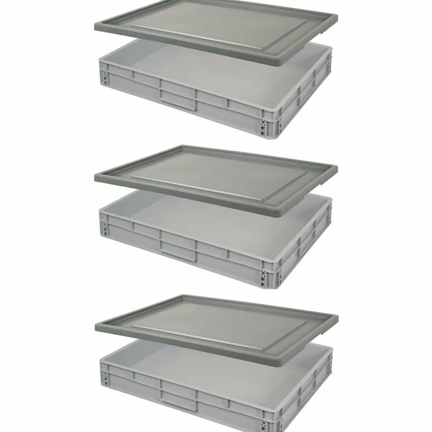 3 Eurobehälter mit Stülpdeckel, LxBxH 800 x 600 x 120 mm, 48 Liter, Griffleisten