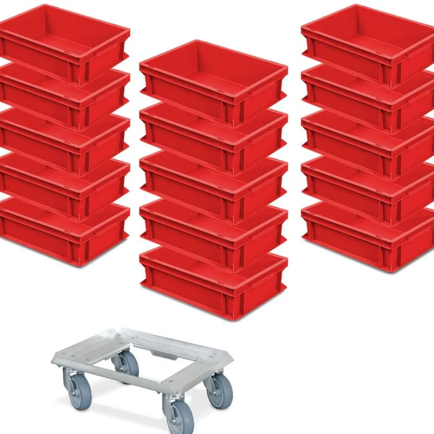 15 Eurobehälter 400x300x120 mm, rot, lebensmittelecht + 1 Alu-Transportroller GRATIS