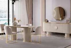 Exklusive Essgruppe Creme mit Sideboard Spiegel und 4 Stühlen