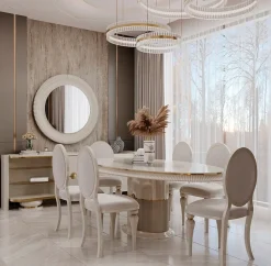 Exklusive Essgruppe Creme Tisch Stühle Sideboard Rundspiegel