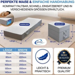 Faltmatratze/ Klappmatratze 3-teilig - platzsparend Gästematratze Visco-Auflage