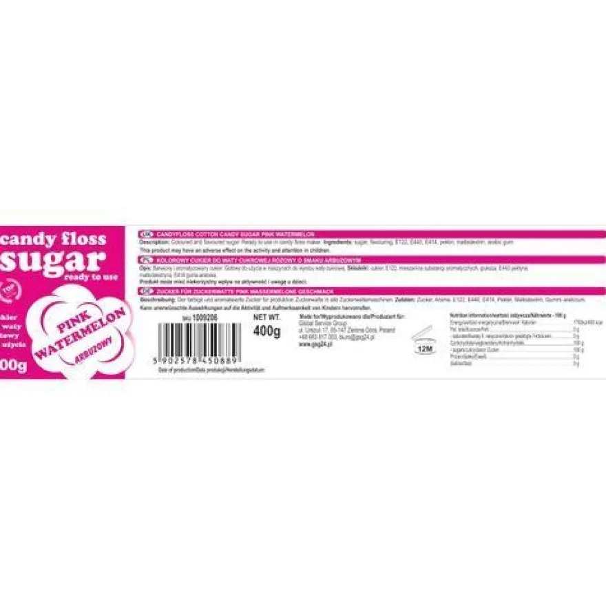 Farbiger Zucker für Zuckerwatte, rosa, Wassermelonengeschmack, 400 g