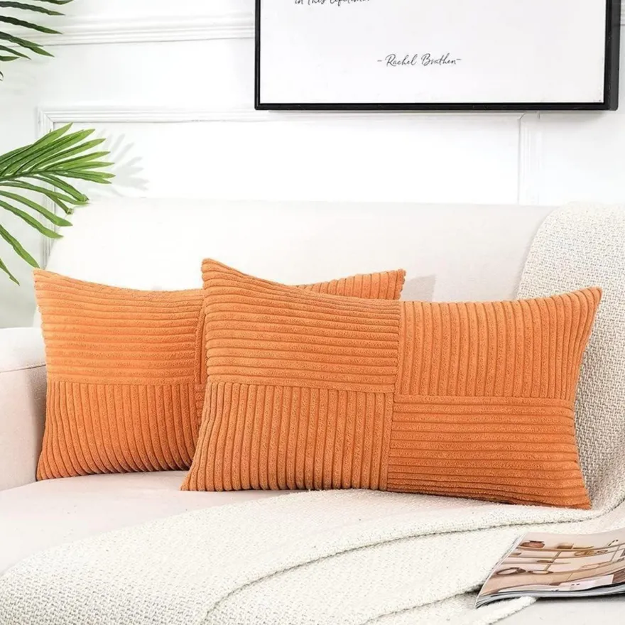 FDTERN 2er Set Kordsamt Kissenbezüge 30x50cm Orange - Weich, Modern, Boho