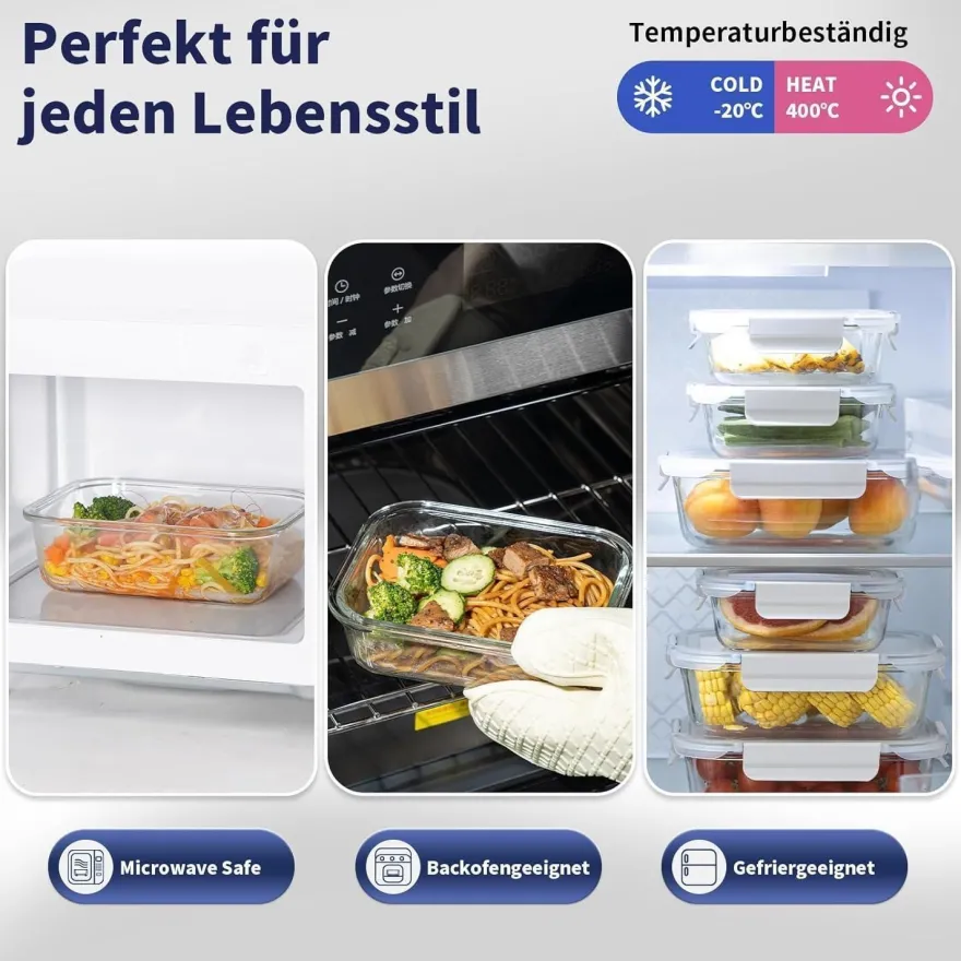 Fenger Meal Prep Boxen aus Glas mit Deckel, 15er Set, Mikrowellen-, Gefrier