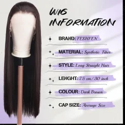 Feshfen Lace Front Perücke Dunkelbraun - Lange Glatte Synthetik Haarperücke für