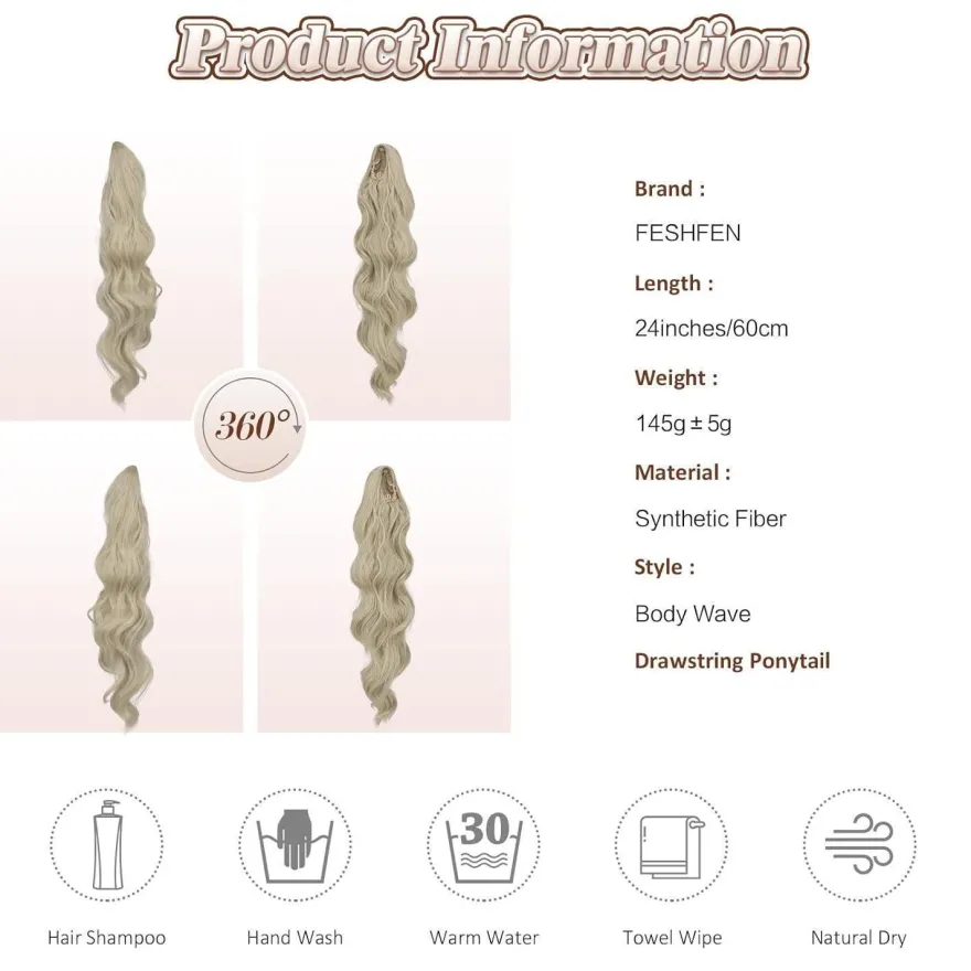 Feshfen Pferdeschwanz Haarteil Haarverlängerung mit Kordelzug, wellig, 60cm