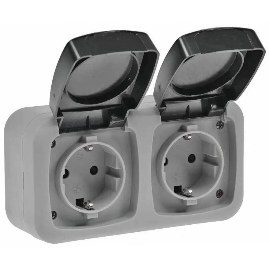 Feuchtraum Doppel-Steckdose, IP44 250V / 16A, grau, Doppelsteckdose