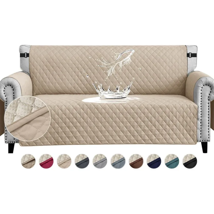 FIGOOO wasserdichter Sofabezug 3-Sitzer, gesteppt, rutschfest, kratzfest, beige