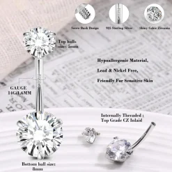 Finrezio 925 Sterling Silber Bauchnabelringe mit Österreich Kristallen, 14G
