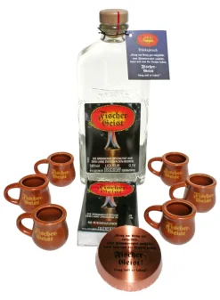 Fischergeist 56% 0,5 l + 6 Krüge + Pfännchen + Streichhölzer im Geschenkkarton