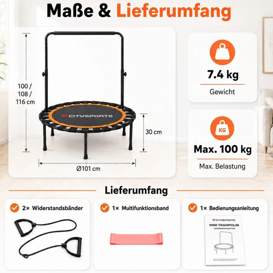 Fitness Trampolin Ø101CM , it Haltegriff für Erwachsene, faltbares Mini Trampolin