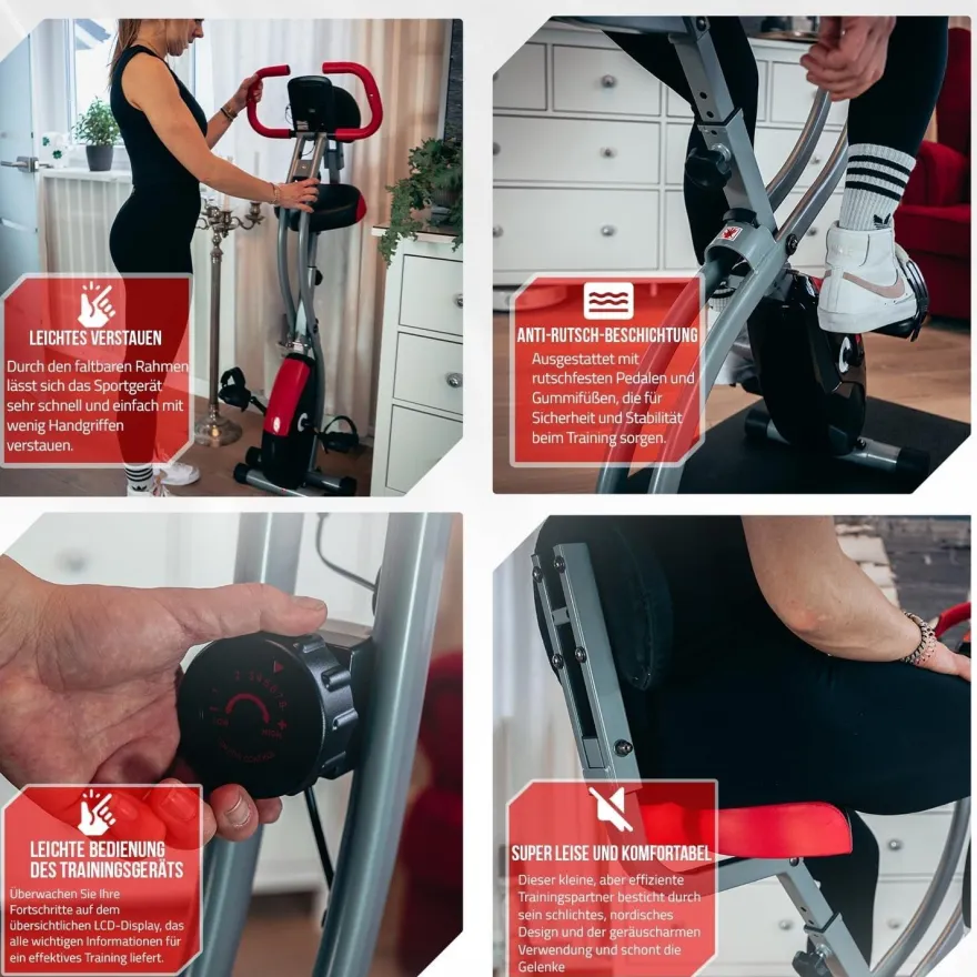 Fjoerdesports Senioren Heimtrainer, faltbarer Fahrradtrainer, Schwarz-Rot
