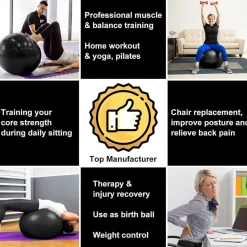 flintronic Gymnastikball 55cm Schwarz mit Fußpumpe - Anti-Burst, Yoga, Pilates