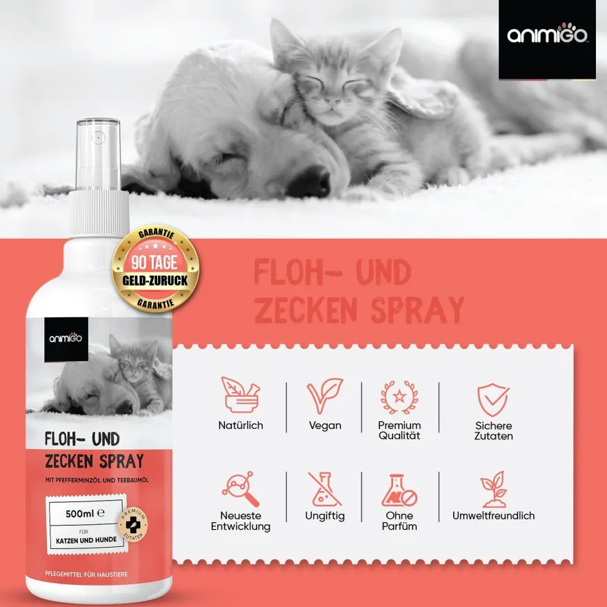 Floh & Zeckenschutz für Hunde & Katzen - 500ml Zeckenschutz mit Pfefferminz & Rizinus
