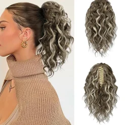 Flufymooz Pferdeschwanz Haarverlängerung, 31cm kurz, gewellt, mit Kinnclip