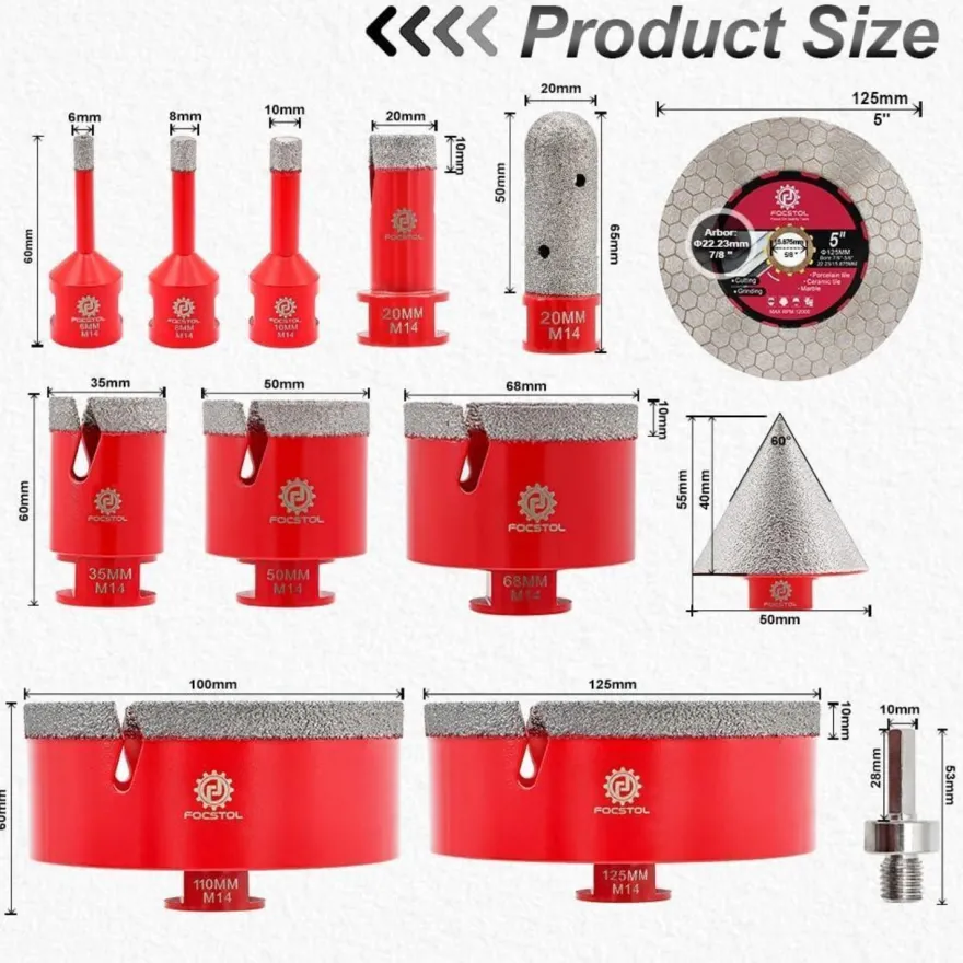 Focstol Diamant Fliesenbohrer Set 13-tlg. M14 für Porzellan, Keramik, Stein