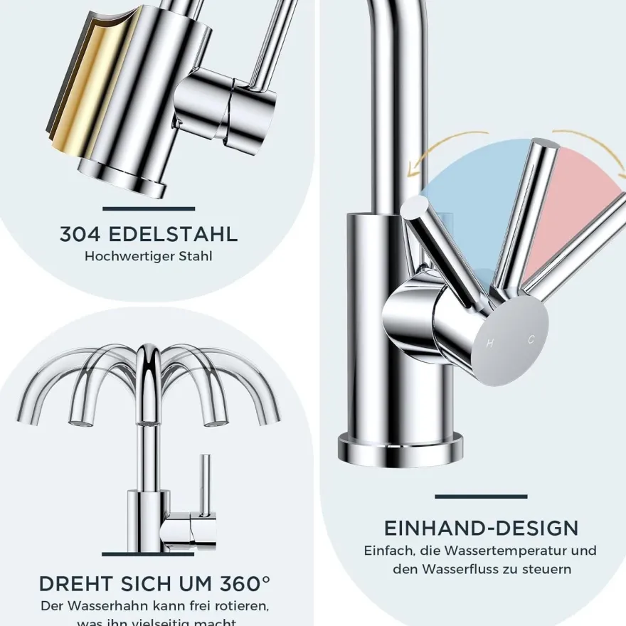 Forious Hoch Bad Wasserhahn 360° Drehbar, Edelstahl Waschtischarmatur mit