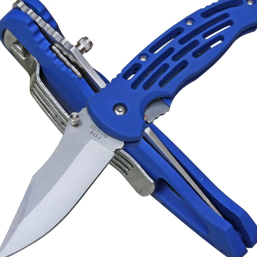 FoxOutdoor Einhandmesser Taschenmesser geschlitzter Griff blau Gürtelclip