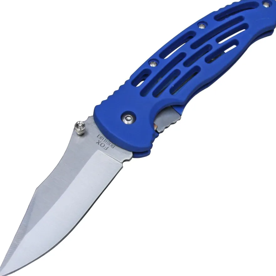 FoxOutdoor Einhandmesser Taschenmesser geschlitzter Griff blau Gürtelclip