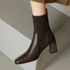 Frauen Knochelstiefel Quadratzehe Stiefel Damen Kleid Arbeiten Sockenstil Schuhe