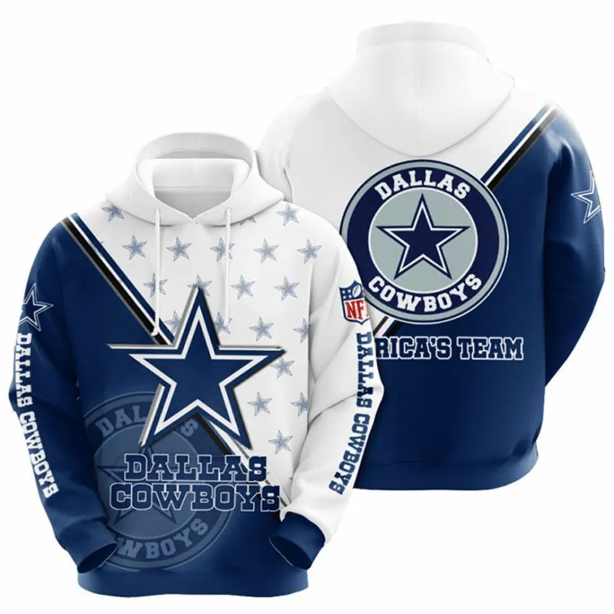Fußball Herren 3D Sweatshirt Dallas Cowboys Hoodie Kapuzenpullover Weiß-Blau