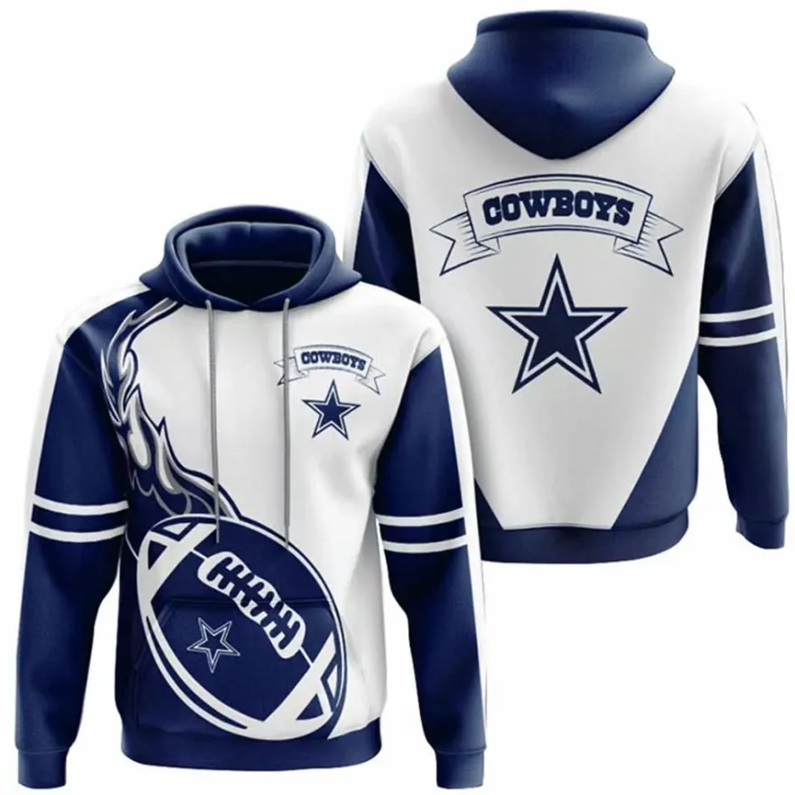 Fußball Herren 3D Sweatshirt Dallas Cowboys Hoodie Kapuzenpullover Weiß-Blau