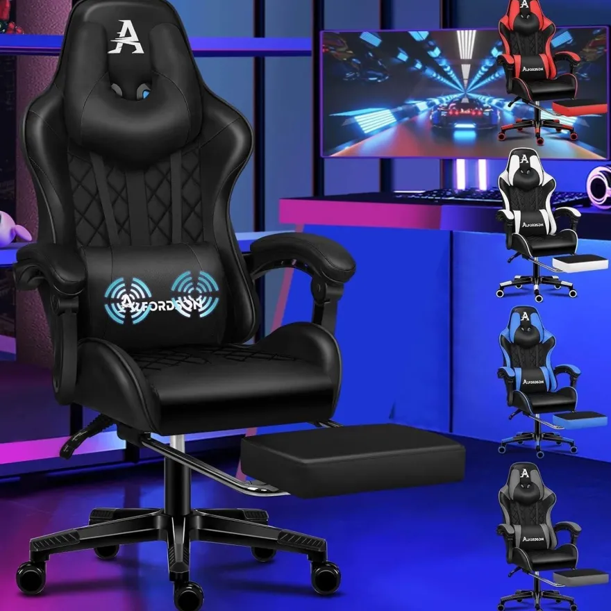 Gaming-Stuhl Alfordson mit Fußstütze Lendenkissen 150° Neigung 180 kg Schwarz